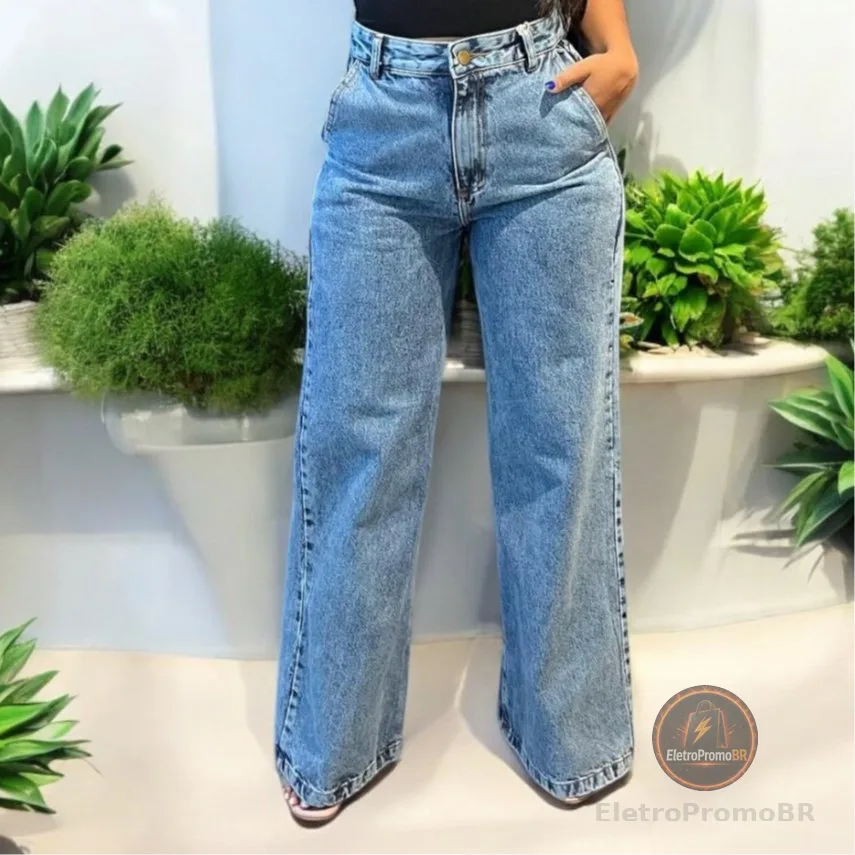 Calça Wide Leg Jeans Feminina Marmorizada Cintura Alta 100% Algodão Premium