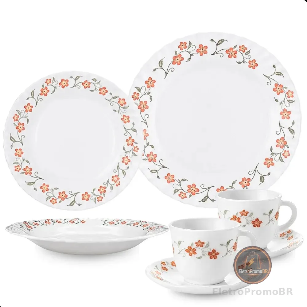 Aparelho De Jantar E Chá/café 20 Peças Vidro Opaline Branco Branco Floral