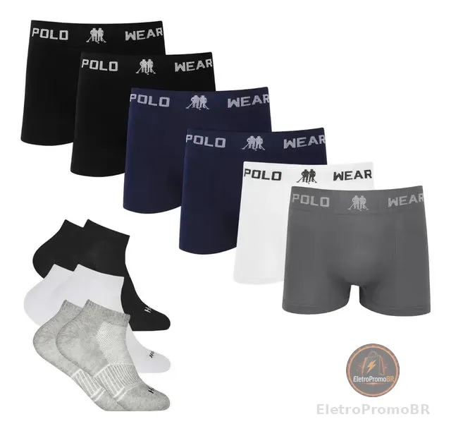 Kit 6 Cueca Polo Wear Microfibra + 6 Meia Cano Medio Algodão
