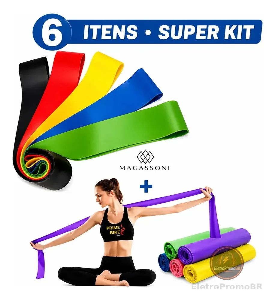 Kit 6 Itens Faixa Elastica + Mini Band Treino Magassoni Aleatório