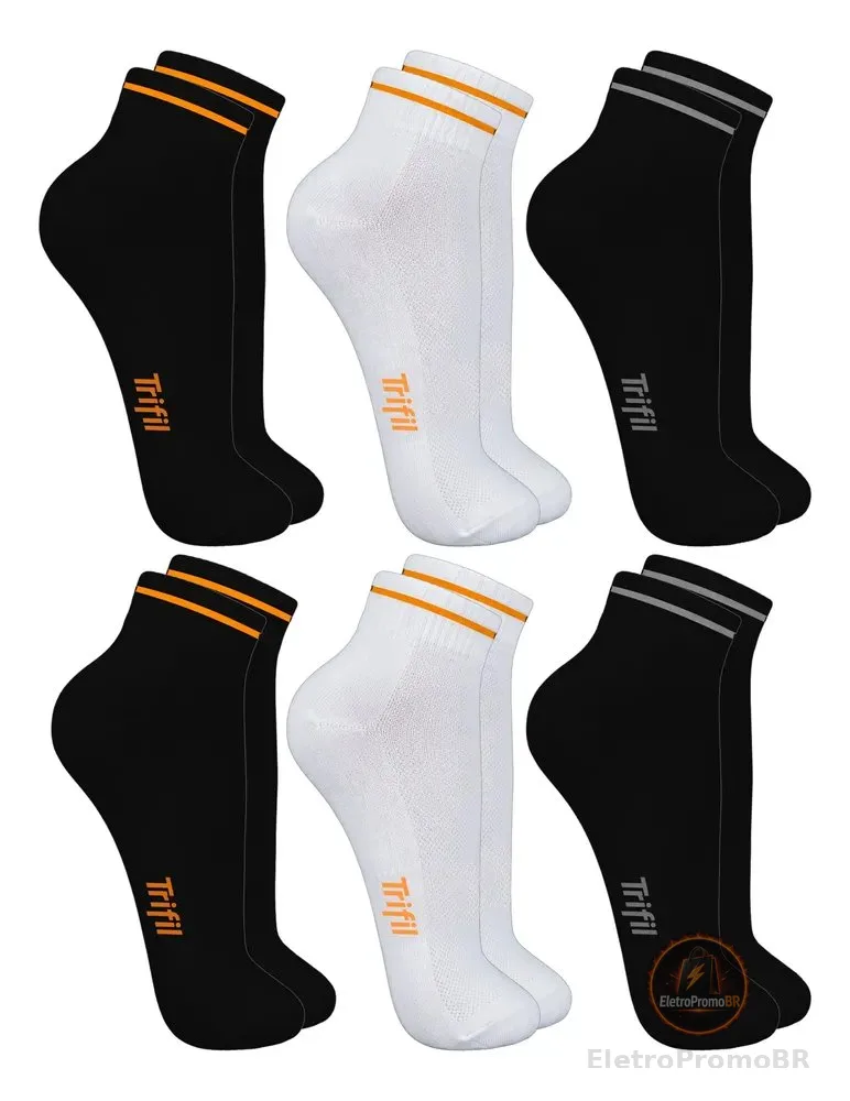 Kit 6 Pares Meia Corrida Trifil Cano Médio Poliamida Dry 2 Branco - 4 Preto Esportiva Academia Anti Atrito 39-44