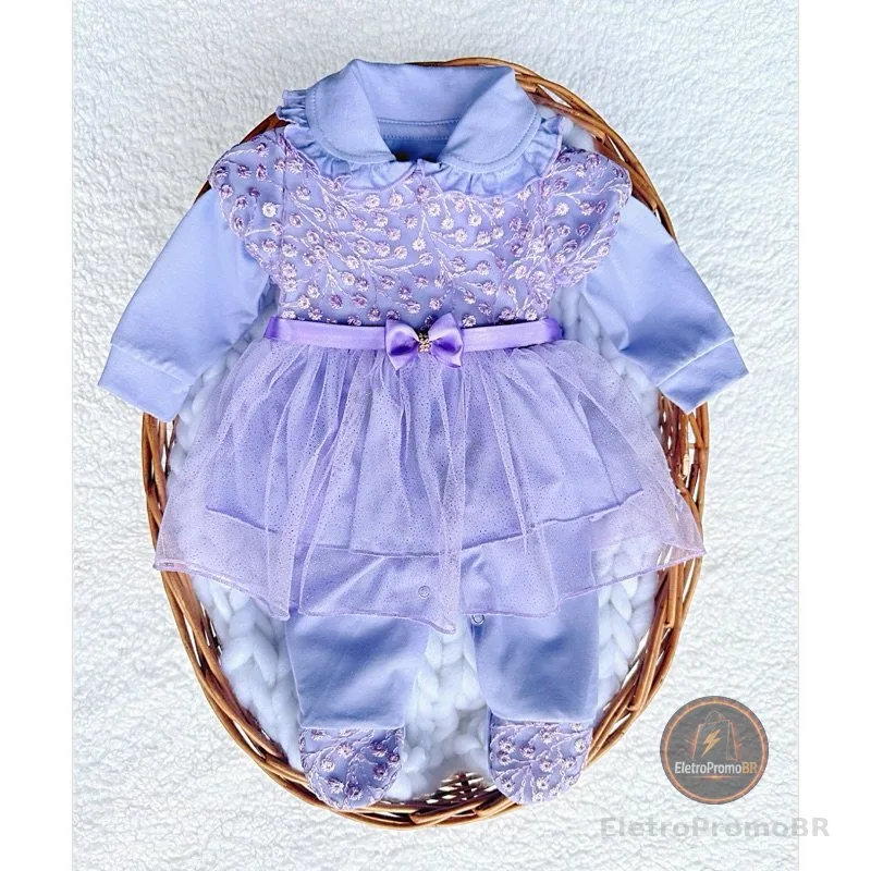 Macacão bebê menina com vestido em tule lilás Manuela