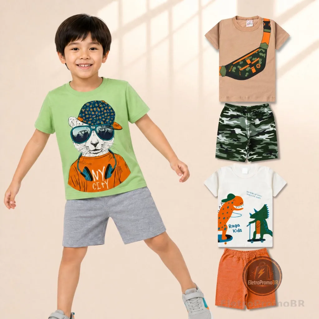 Kit 2 Conjuntos Infantil Juvenil Menino 4 Peças 2 Camisetas + 2 Bermudas Verão Tam 1 ao 14