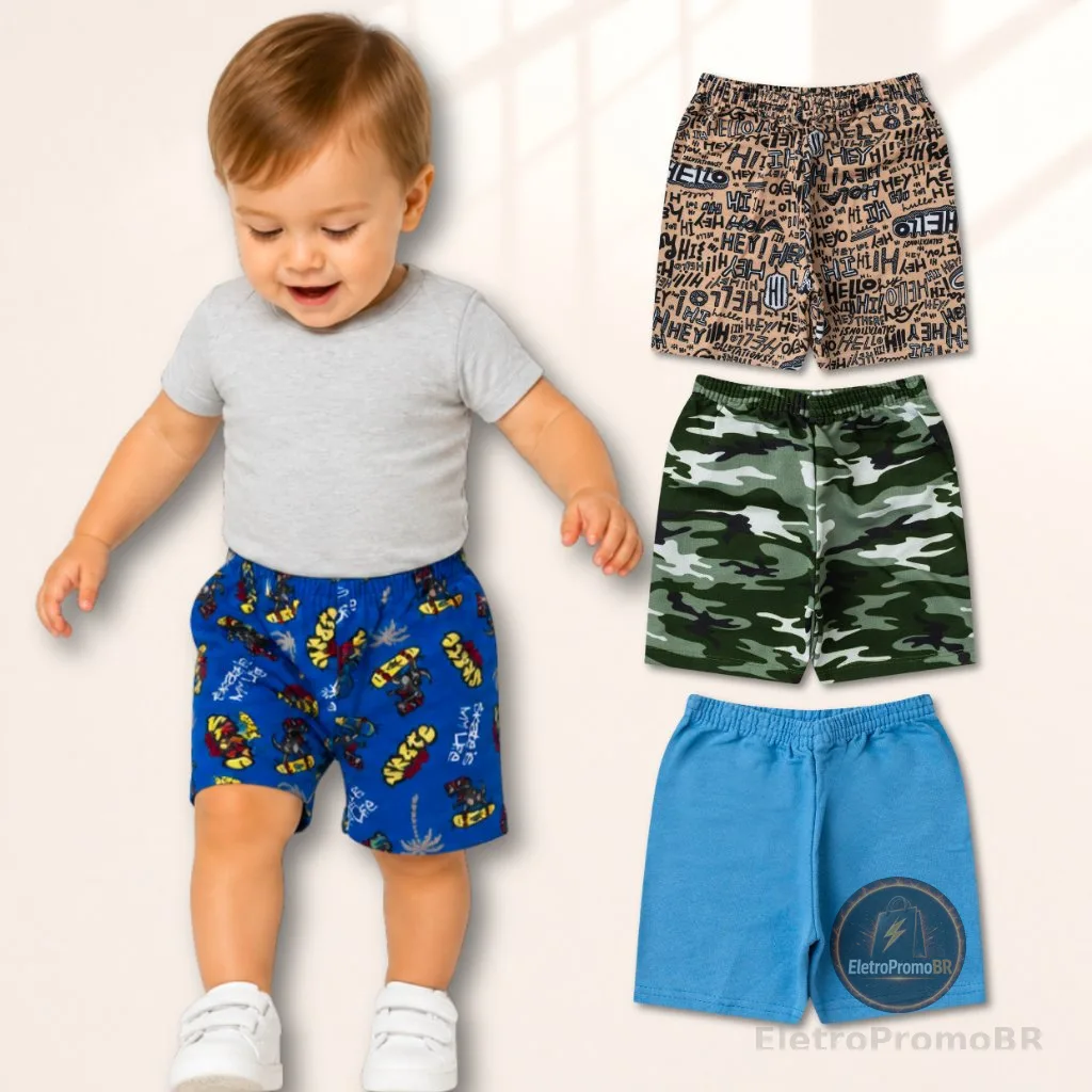 Kit 3 Bermudas Infantil Para Meninos Cores e Estampas Sortidas Masculino Tamanho 1 ao 14