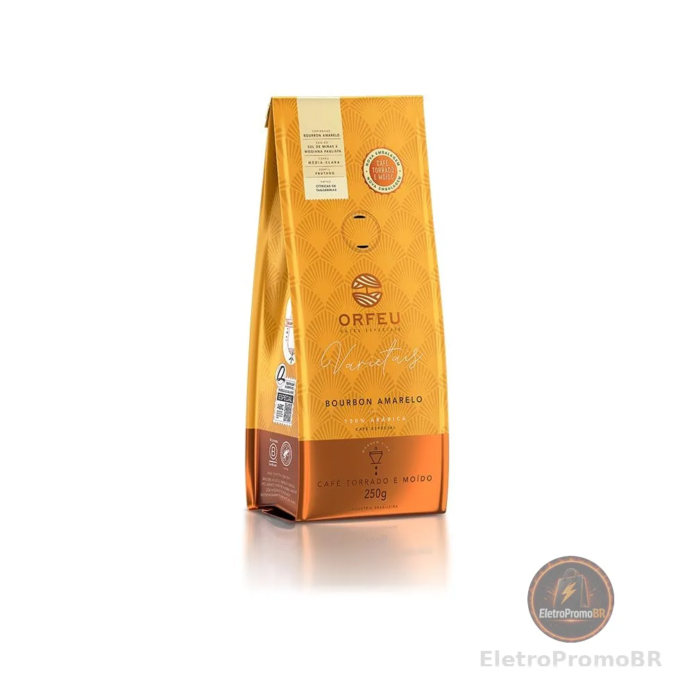 Café Orfeu Bourbon Amarelo Torrado e Moído, 100% Arabica, Torra Média Clara, 250g