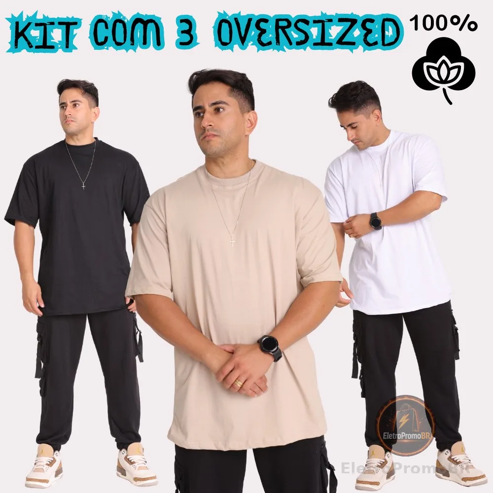Kit com 3 Oversized Masculina 100% Algodão Premium