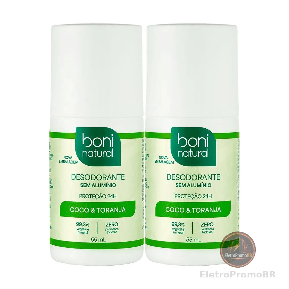 BONI NATURAL - Desodorante Roll-On sem Alumínio, Natural, Vegetal e Vegano, Coco e Toranja, 55ml, 2 unidades Leve Mais Pague Menos