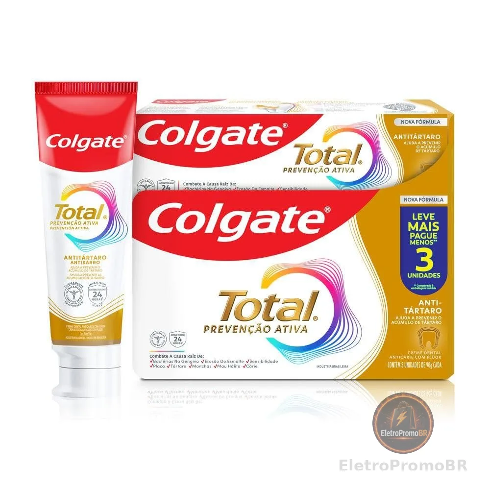 Colgate Total Antitártaro Creme Dental com Flúor, 3x90g