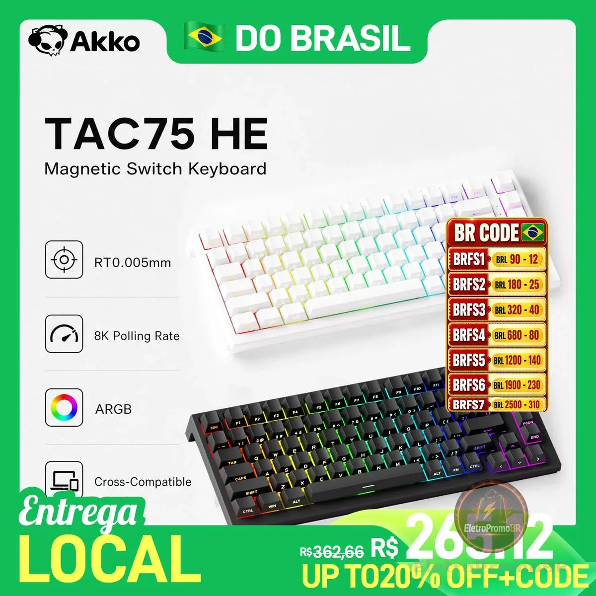 Teclado Gamer Akko TAC75 HE 75% Layout ANSI com Switches Magnéticos RT0.005mm Rapid Trigger, Taxa de Polling de 8K, Conexão USB Tipo-C com Fio