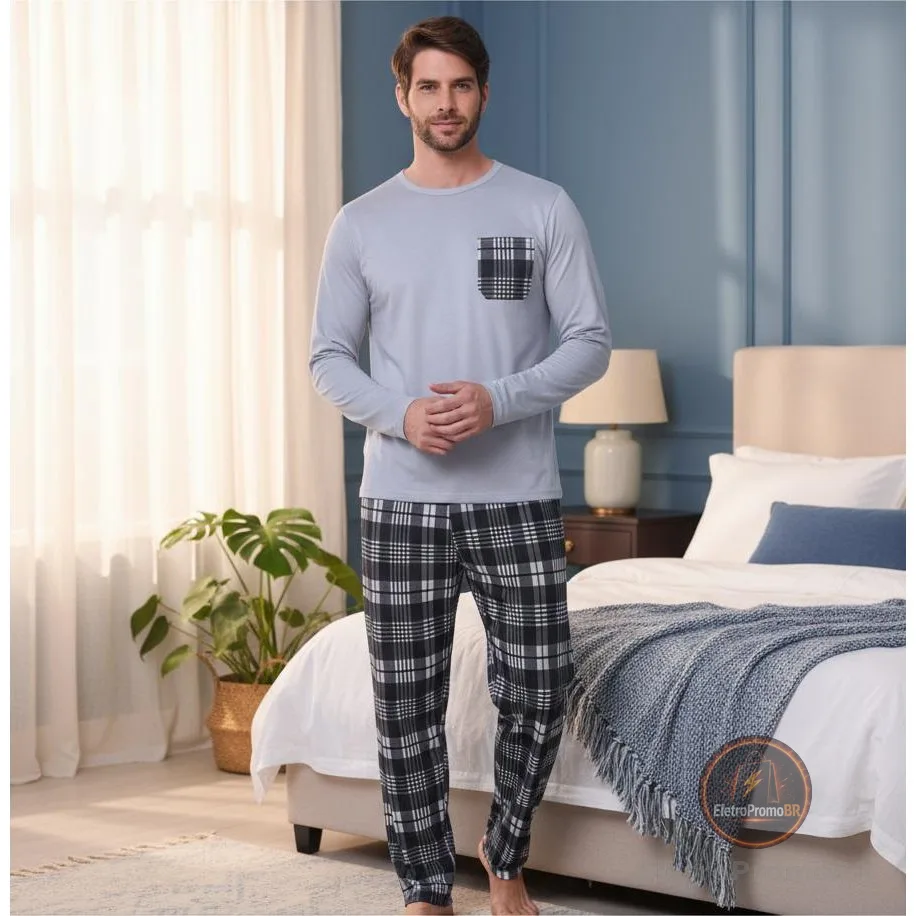 Pijamas De Frio Camisa E Calça De Malha Xadrez Masculino Manga Longa Promoção