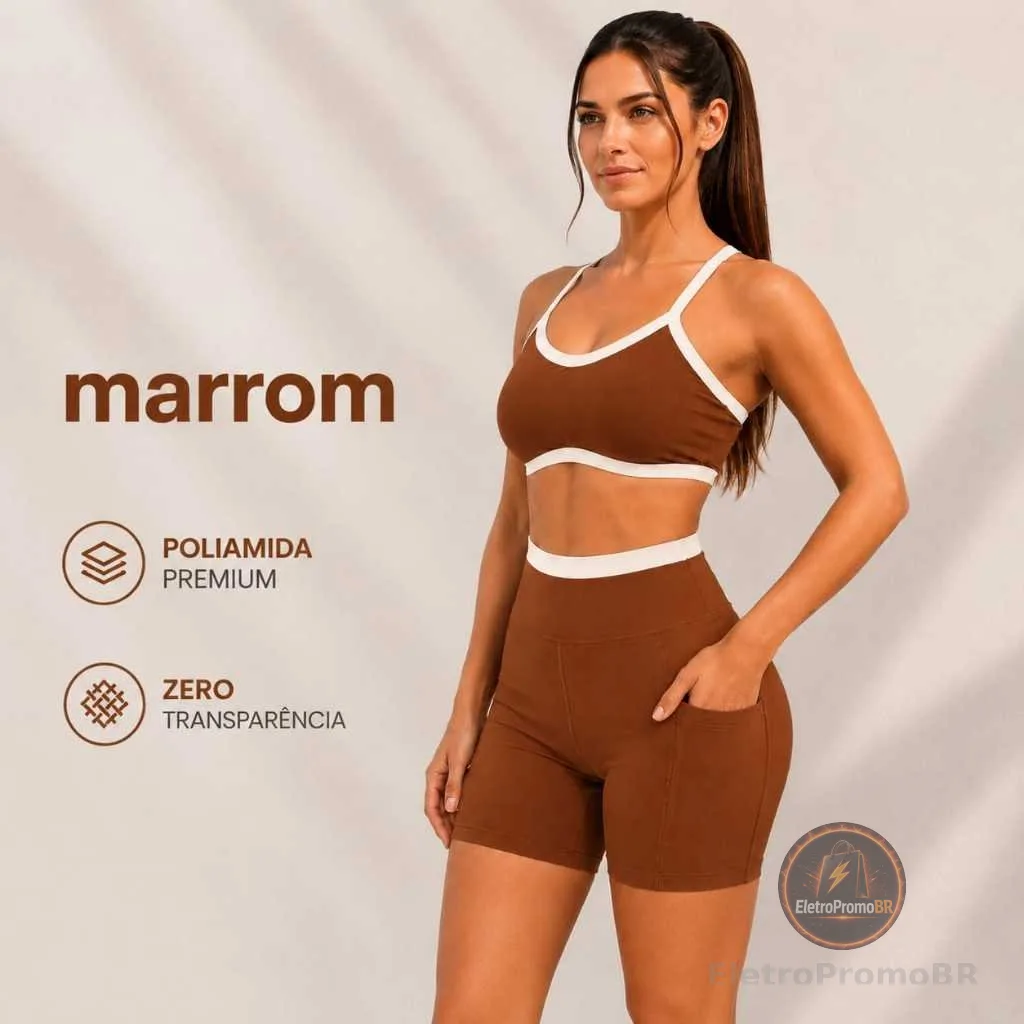 Conjunto Fitness Poliamida Premium Top Biquini e Shorts com Bolso Cós Alto Sem Transparência