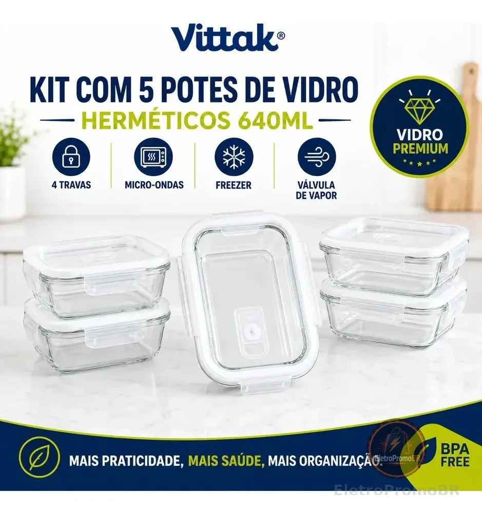 Vittak Kit 5 Potes Vidro Hermético Transparente 640ml Tampa 4 Travas Marmita Microondas Freezer Porta Mantimentos