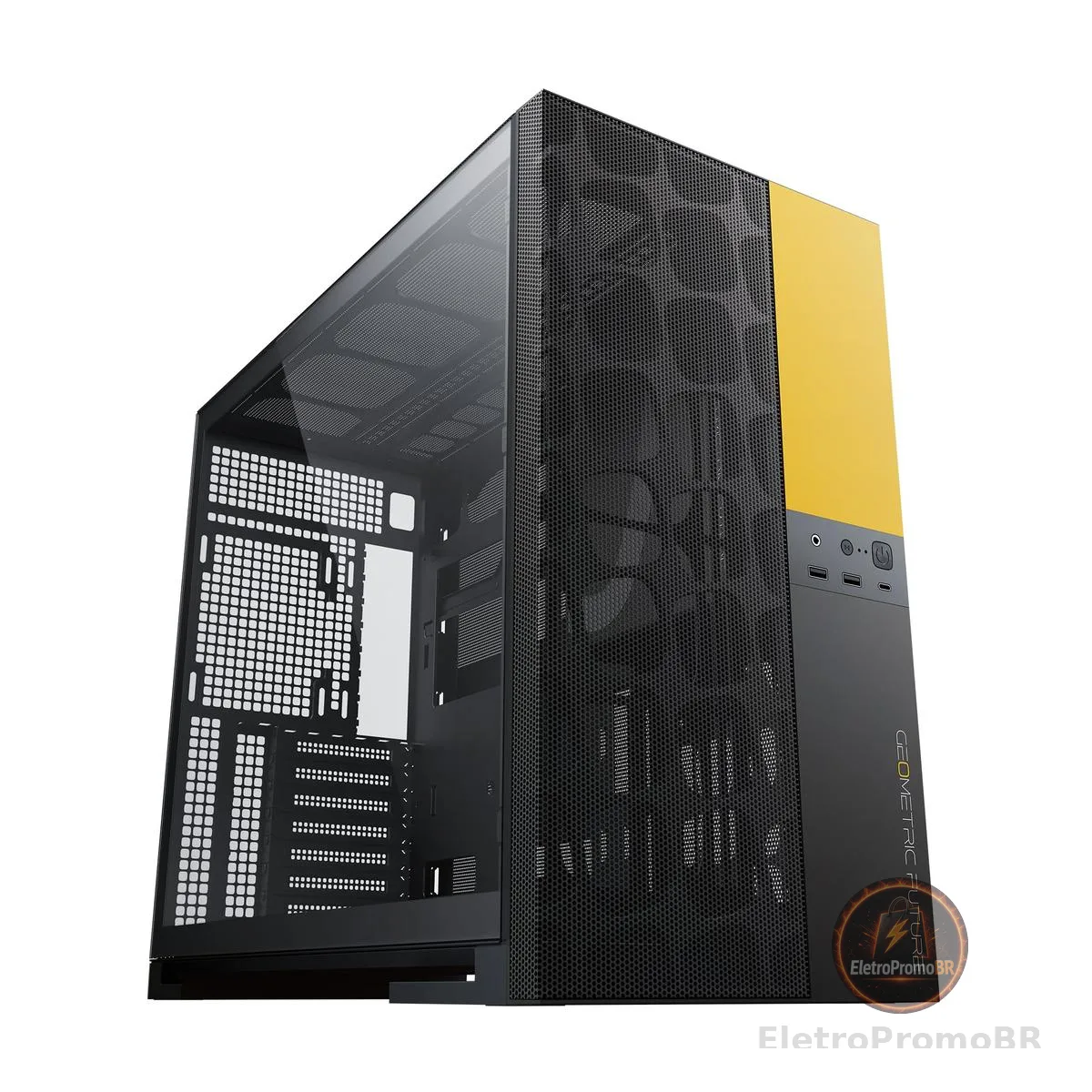 Gabinete Gamer Geometric Future Model 5 Vent Preto e Amarelo Sem Fans GEO-M5V-BY