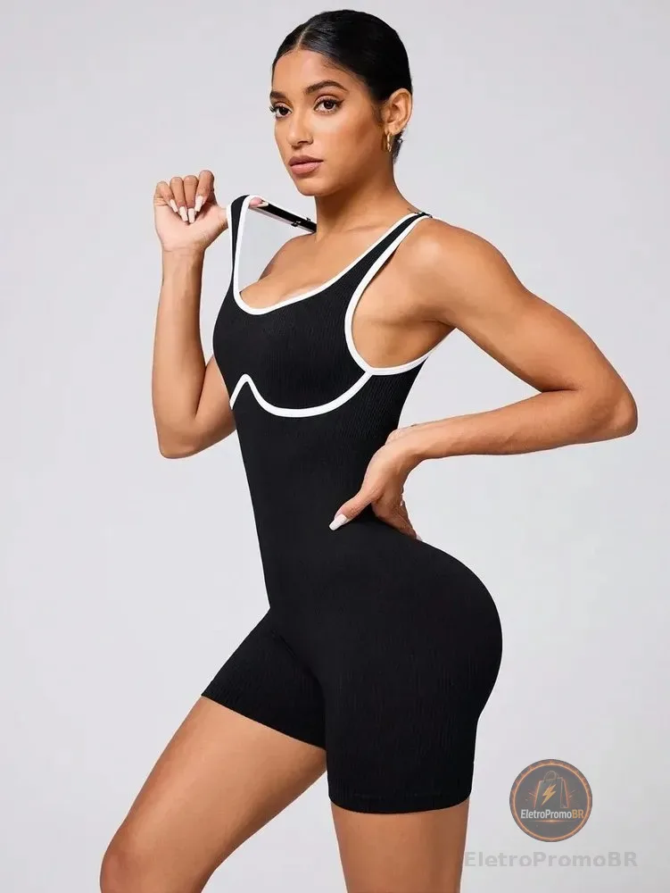 Macaquinho Fitness Feminino Macacão Academia Bicolor Treino Preto Único 38 Ao 44