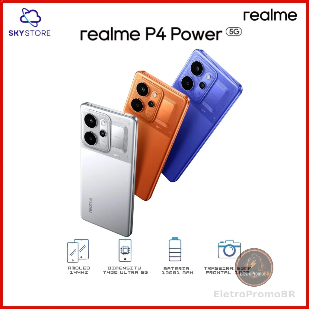 Realme P4 Power 5G, Versão Global, 256-512GB e 8-12GB RAM, Processador  Dimensity 7400 Ultra, Bateria 10001mAh