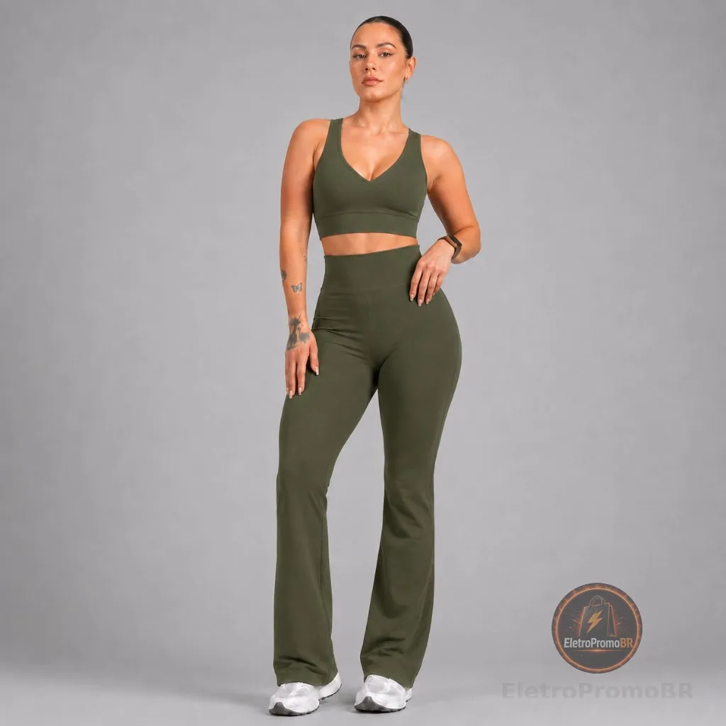 Conjunto Feminino Fitness Calça Flare Bailarina + Top Decote V  Zero Transparência Ideal Dia a Dia