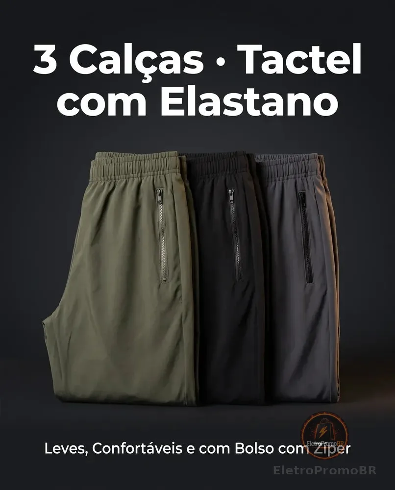 Kit 3 Calças Masculina Tactel Leve Bolso Zíper Premium Verde | Preto | Chumbo Lisa G
