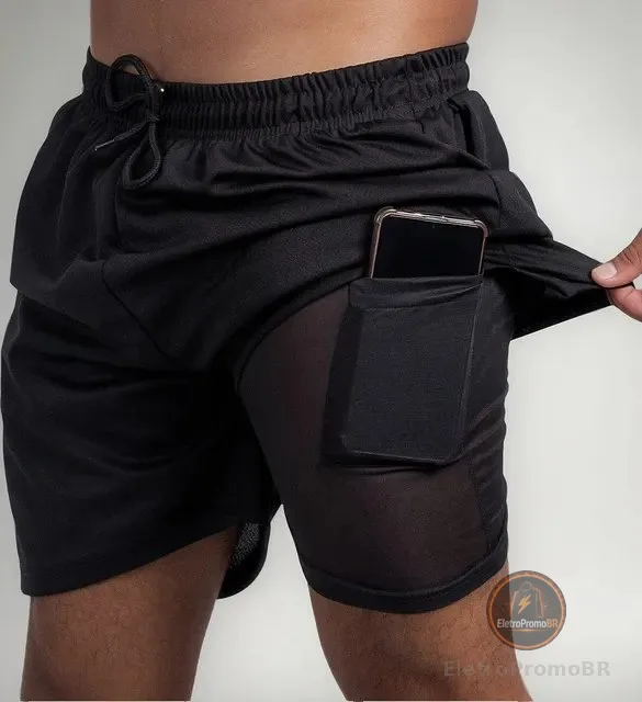 2 Em 1 Short Academia Bermuda Corrida Bolso Compressão Com