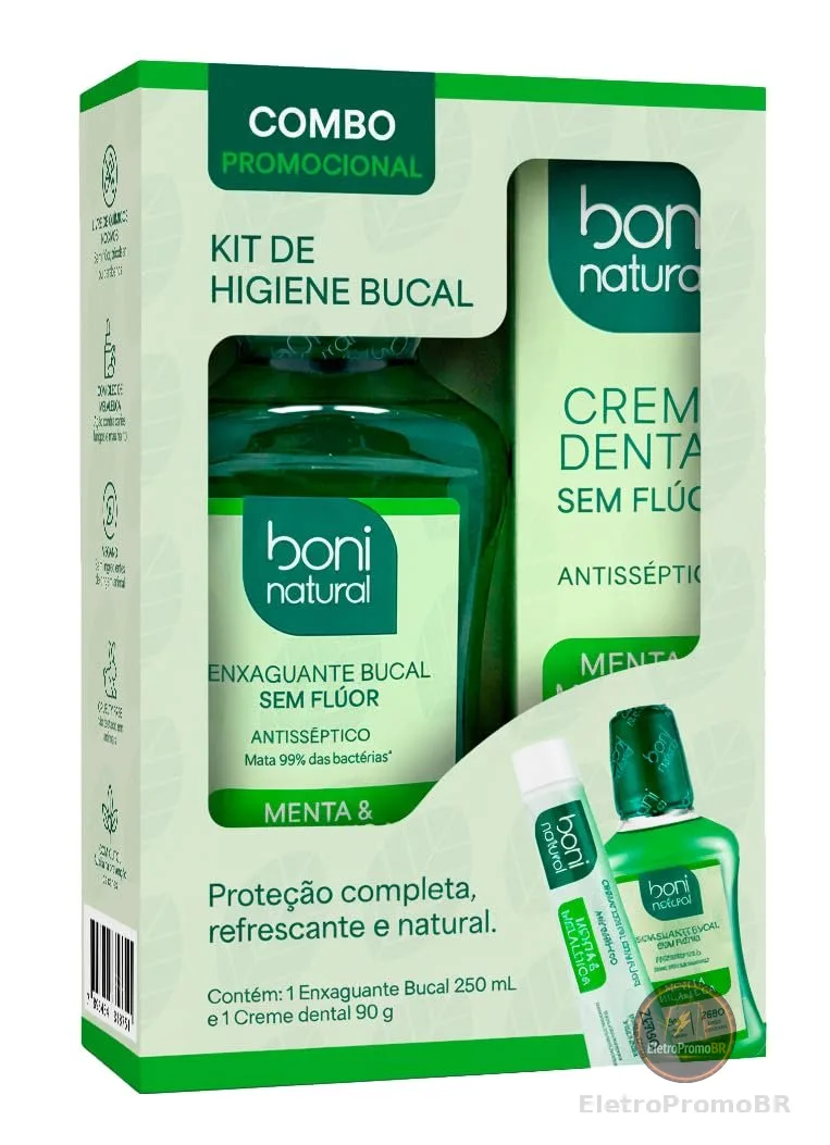 BONI NATURAL - Kit Higiene Bucal – Creme Dental Menta e Melaleuca 90g + Enxaguante Bucal Menta e Melaleuca 250ml – Sem Flúor, Sem Triclosan