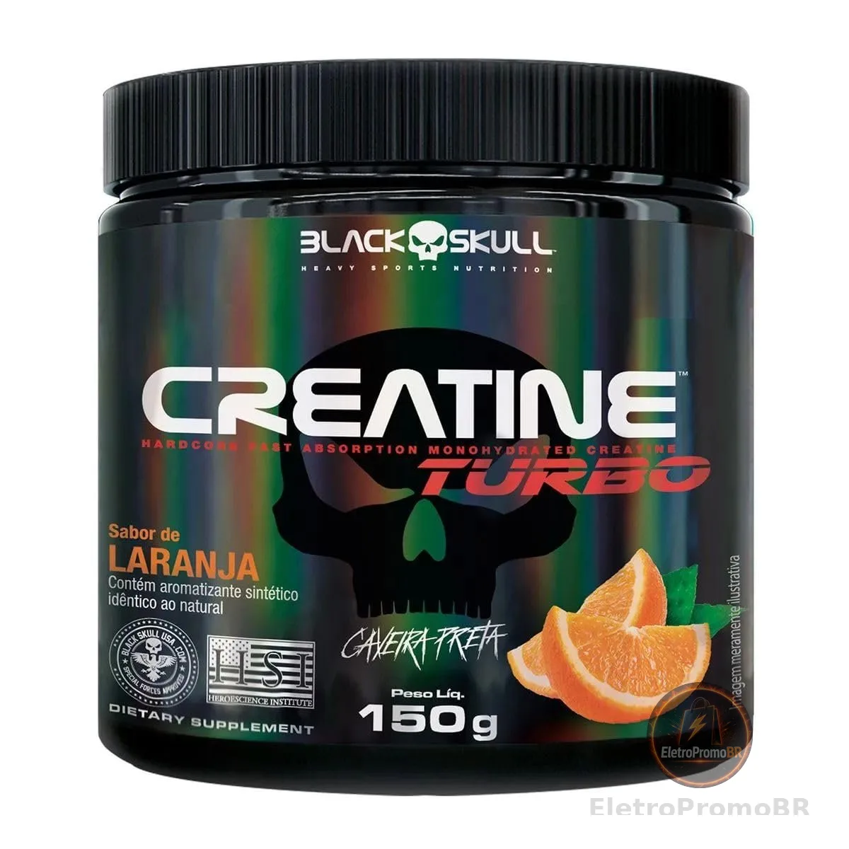 Creatine Turbo BlackSkull - Creatina Monohidratada em pó, com carboidrato para melhor absorção e performance (150g Pote, Laranja)