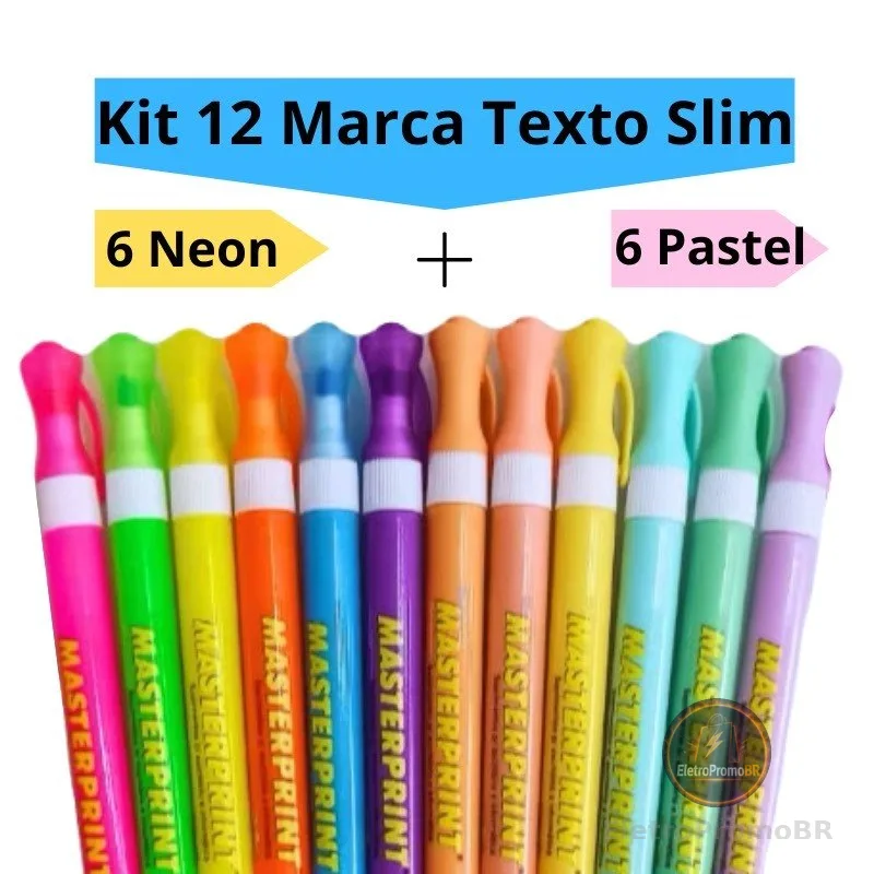 Kit 12 Caneta Marca Texto Slim (6 Neon + 6 pastel) Escolar Infantil Diversas Cores Masterprint