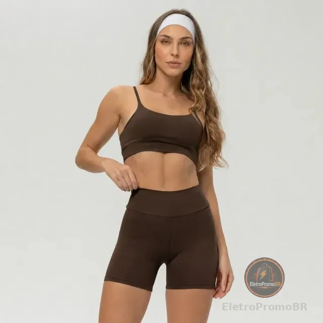 Conjunto Fitness Academia Top Shorts Meia Coxa Cintura Alta