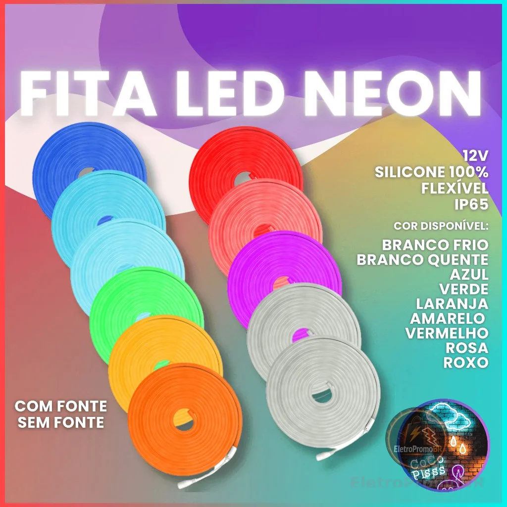 Fita Neon Led 5m Corte 2,5cm 12v Flexível Alto Brilho Silicone Luz Decorativa