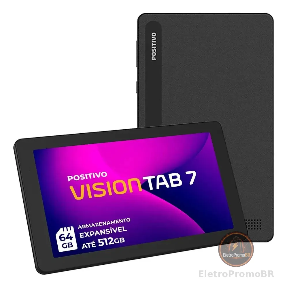 Tablet Positivo Vision TAB 7 - Processador Octa-Core 3GB RAM 64GB Armazenamento Tela 7” IPS Bateria 3100mAh, Android 14 Go, Wi-fi - Preto