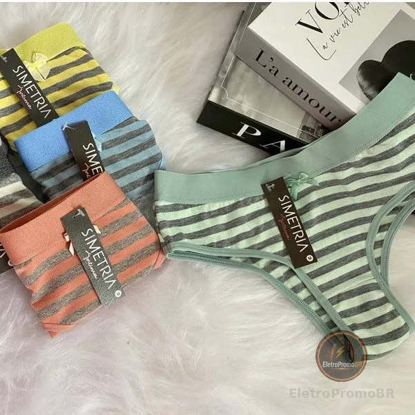 Kit 5 - Tanga Conforto Algodão Cotton Listrada Feminina