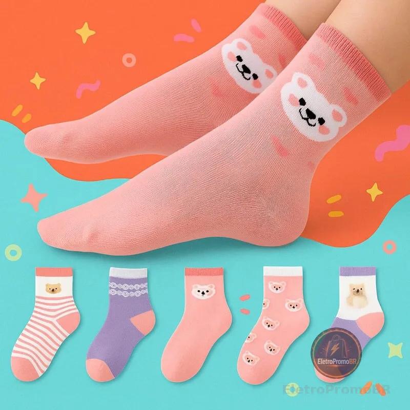 kit com até 18 Pares Meias Infantil Feminina com Algodão - Coloridas e Divertidas Menina