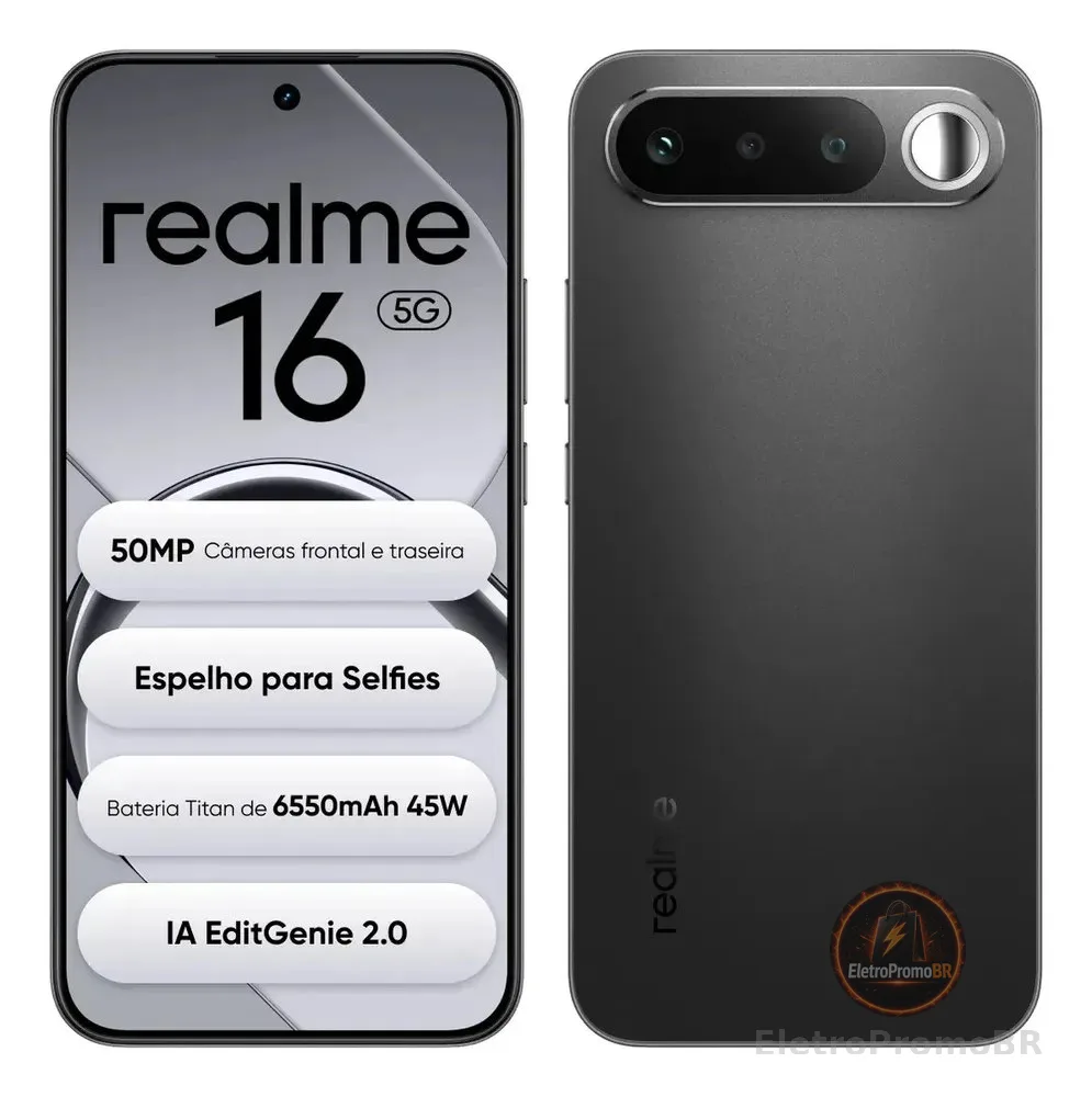 Smartphone Celular Realme 16 5g 256gb 12gb Ram Dual Sim Câmera De 50mp Lumacolor Image Espelho para Selfies Bateria 6550mah, Resistência à água Ip69 Pro, 4200nit Amoled Preto