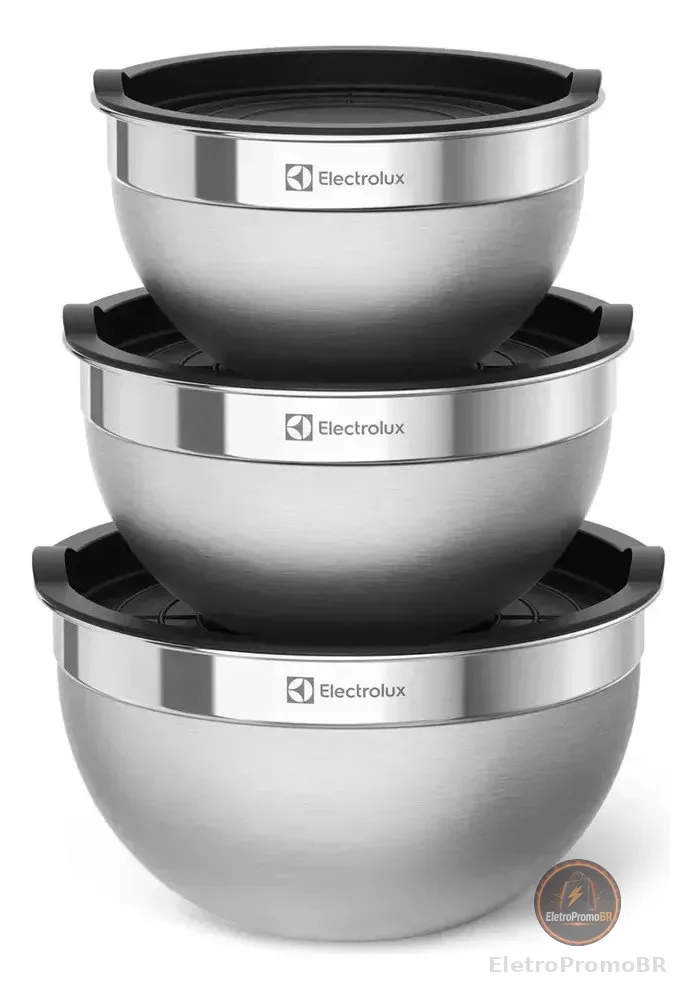 Electrolux Kit 3 Bowls Tigelas de Aço Inox com Tampa Plástica, 1,4L, 2L e 2,6L