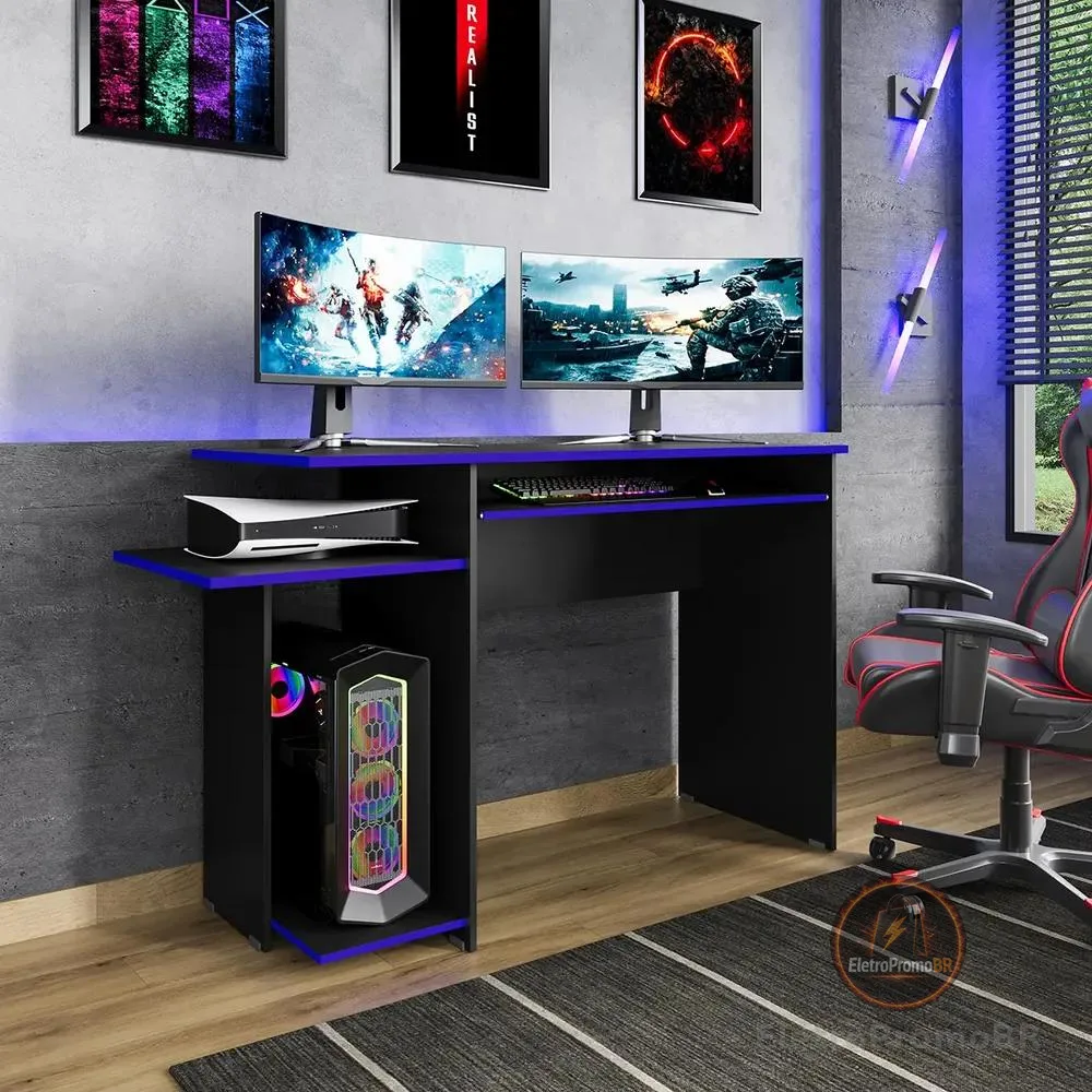 Ajp Móveis Mesa Escrivaninha Para Computador Escritório Pc Gamer 120cm De Largura Com Suporte De Teclado - Preto Azul