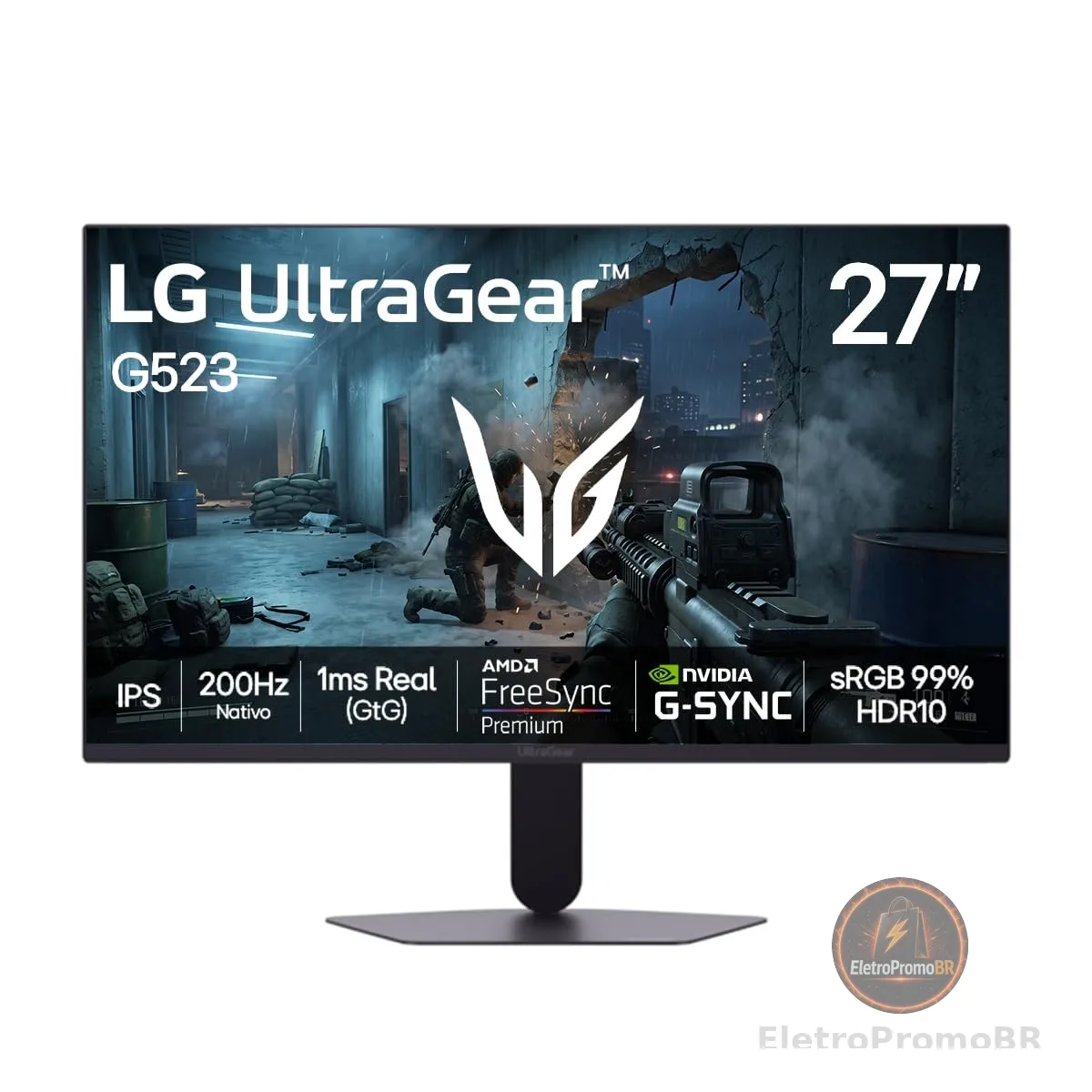 LG UltraGear Monitor Gamer 27" IPS 200Hz, 1ms (GtG), Full HD (1920x1080), HDR10, NVIDIA G-SYNC AMD, FreeSync Premium, sRGB 99%, Preto - 27G523B