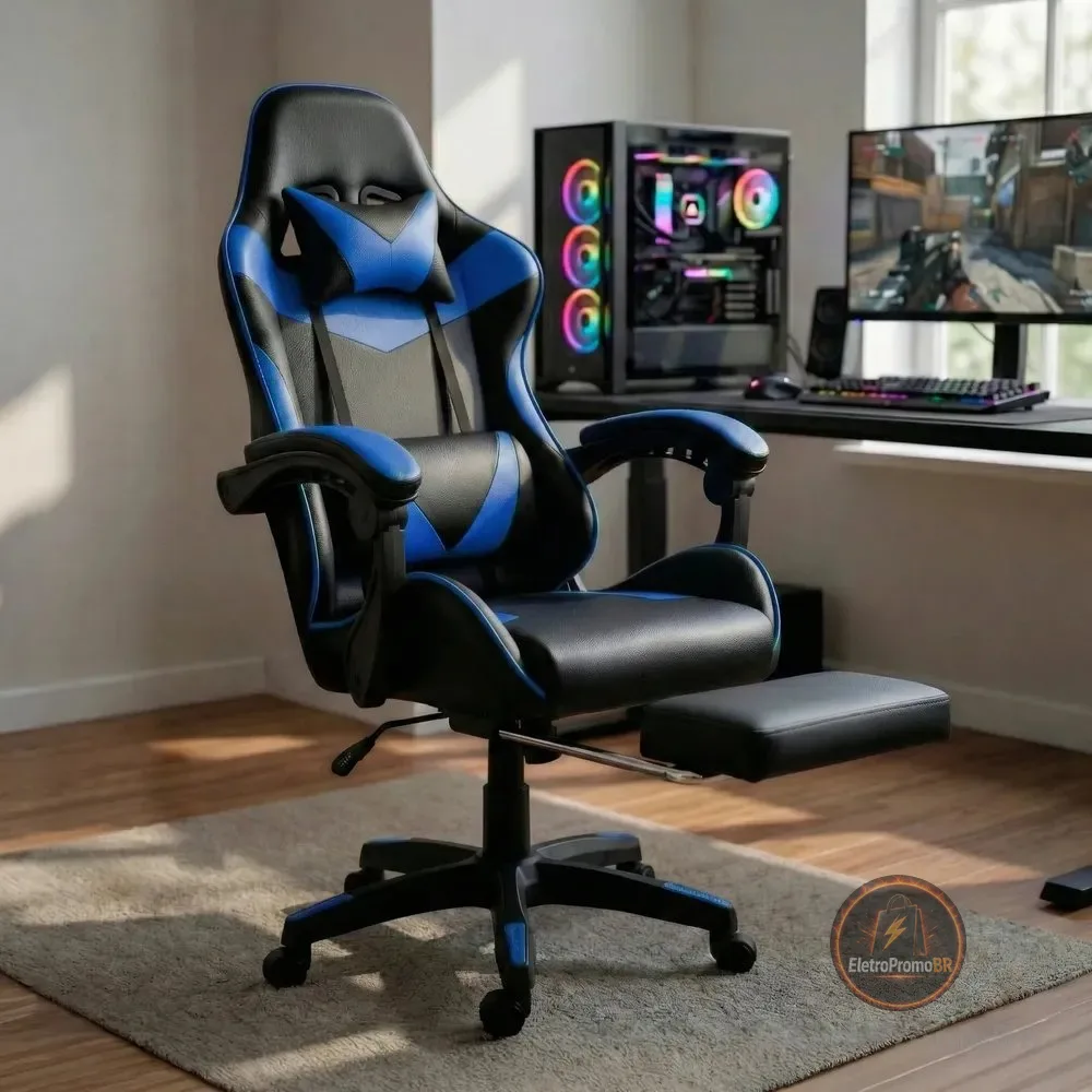 Cadeira Gamer Profissional Escritório Com Apoio Para Pés Azul Couro Sintético