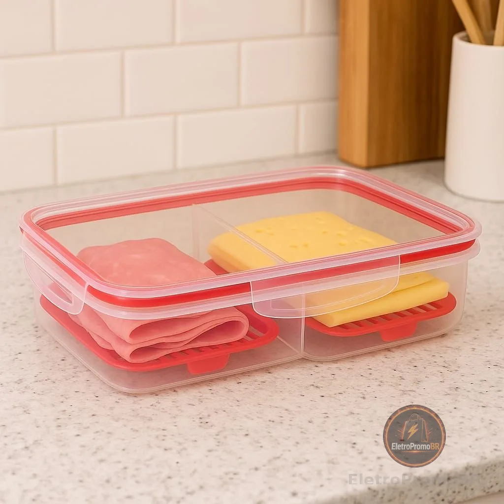 Porta frios hermético duplo presunto e queijo com fundo removível para conservar os alimentos e organizar a geladeira