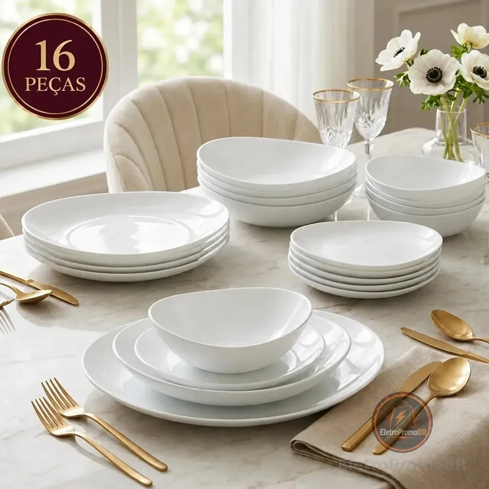 Aparelho Jogo Kit De Jantar 16 Peças Opalino Branco Pratos E Bowl Mesa Moderno Côncavo Resistente Sólar