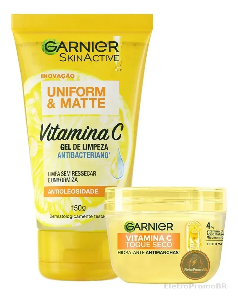Kit Skincare Gel de Limpeza e Hidratante com Vitamina C, Ação Antioleosidade e Uniformizadora, Pele Iluminada e Hidratada, Uniform & Matte Garnier 150g