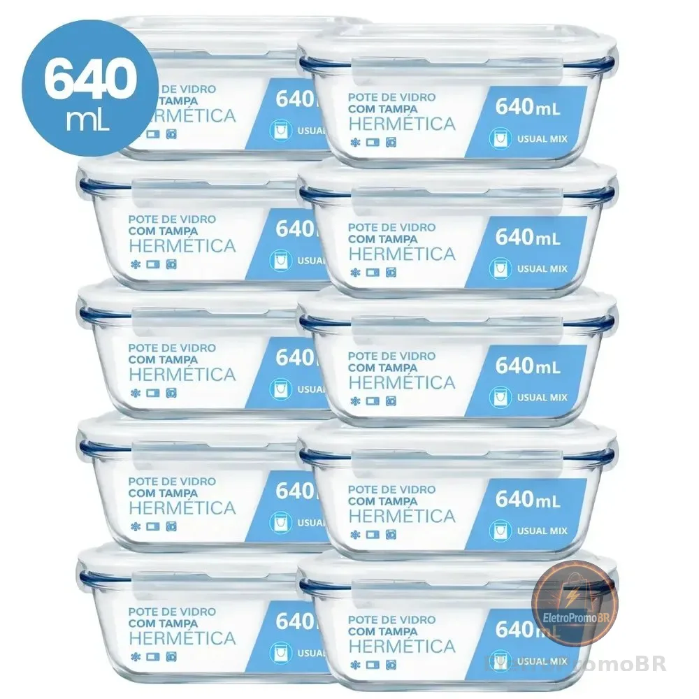 Kit 10 Pote Vidro Hermético Marmita 640ml Micro-ondas Freezer Forno Organização Geladeira