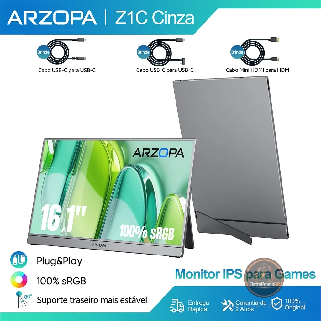 Arzopa Z1C Cinza-Monitor Portátil Com Suporte 100 % sRGB De 16.1 " , 1080P FHD Tela De Extensão De USB C HDMI Para PC
