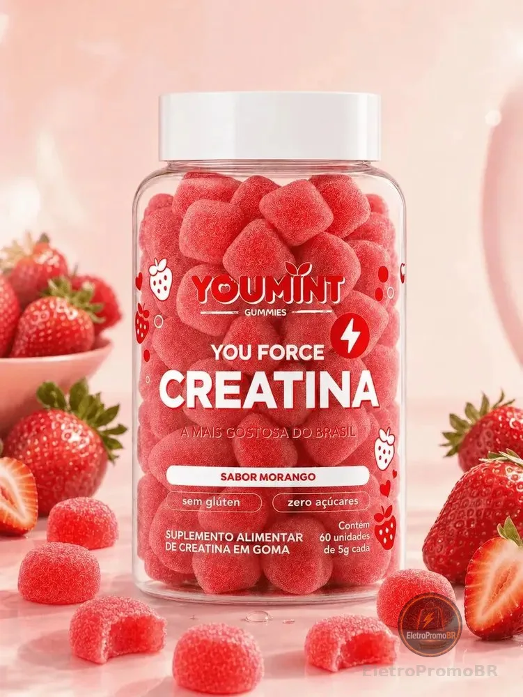 Creatina Gummy Zero Açúcar 60 Gomas Youmint Sabor Morango