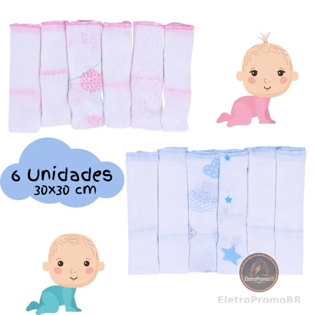 Pano de Boca Kit 6 Unidades Paninho Fralda de Bebe 100% Algodão 30cmx30cm