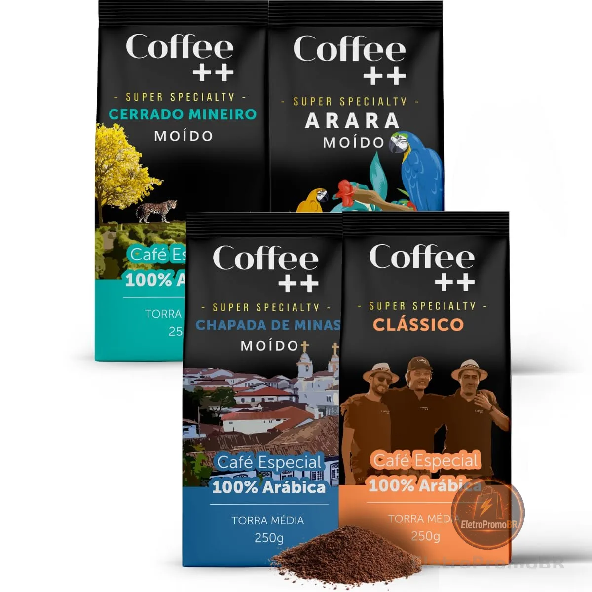 Kit 4 Pacotes Café Especial Torrado e Moído Coffee Mais Variedades: Cerrado Mineiro, Arara, Chapada de Minas e Clássico - 100% Arábica (4x250g)