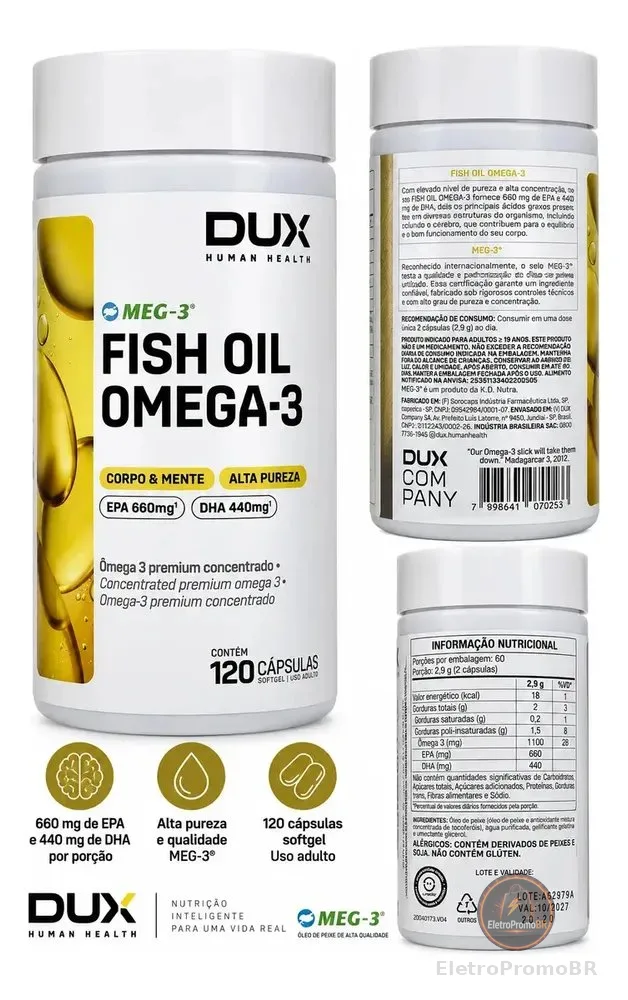 Ômega 3 Dux Nutrition Fish Oil Sem Sabor 120 Cápsulas EPA DHA Alta Concentração