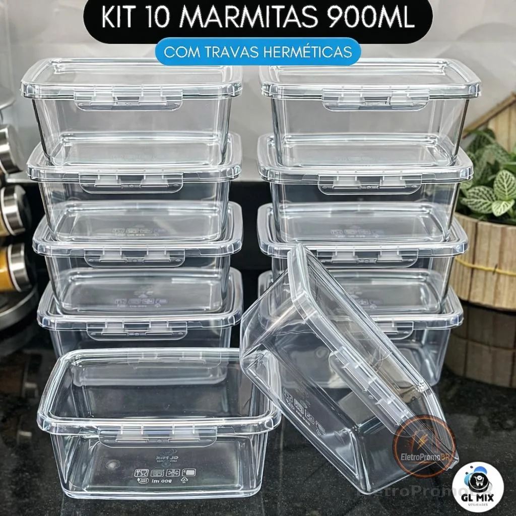 Kit 10 Marmitas com Travas 900ml BPAFREE Pote Plástico Freezer Microondas Fitness Refeição Alimento