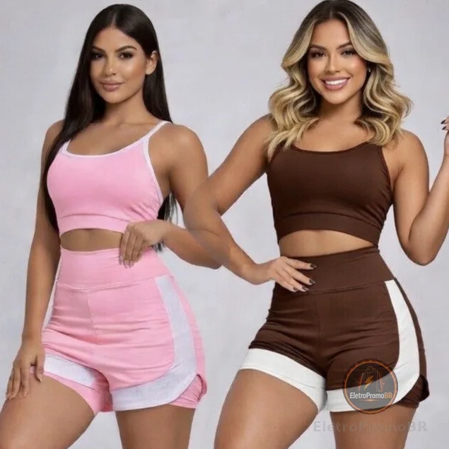 Conjunto Fitness Feminino Short Duplo Cintura Alta Academia Treino Roupa Fitness Top +Short Academia