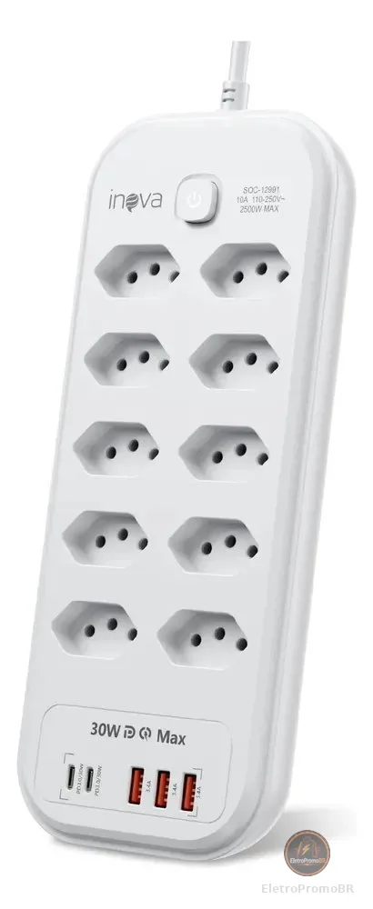Filtro De Linha Régua Extensão 10 Tomadas Com 3 Usb E 2 Pd Branco 127/220v