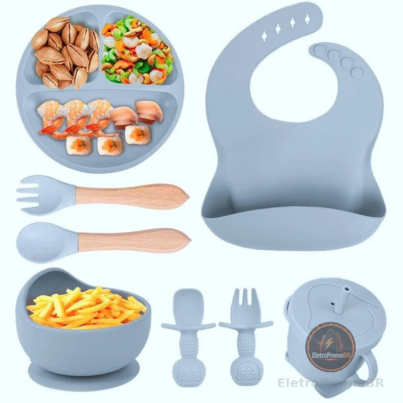Kit Talheres bebê silicone 4/6/8 Peças Talheres Infantil Com Ventosa Canudo Colher Babador Garfo