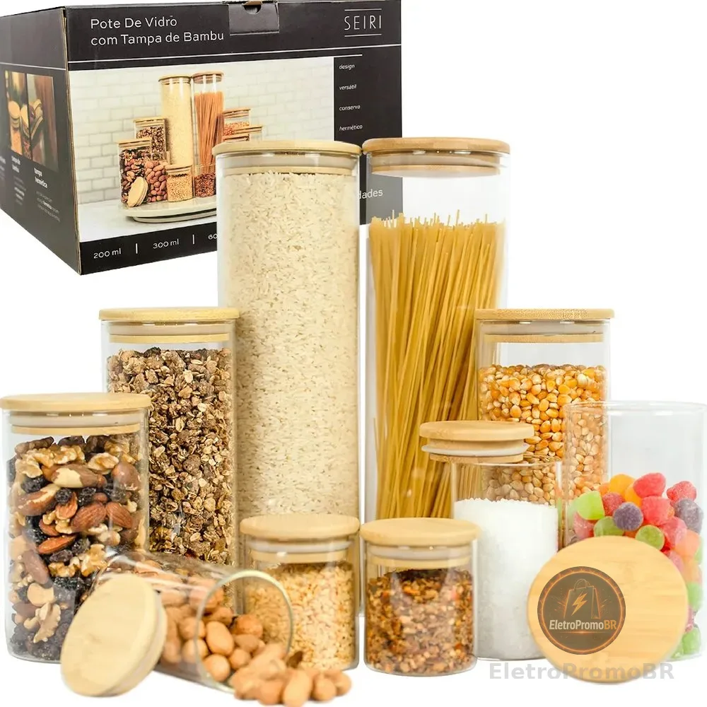 Kit 10 Potes Herméticos Vidro Tampa Bambu Seiri Para Mantimentos Cozinha