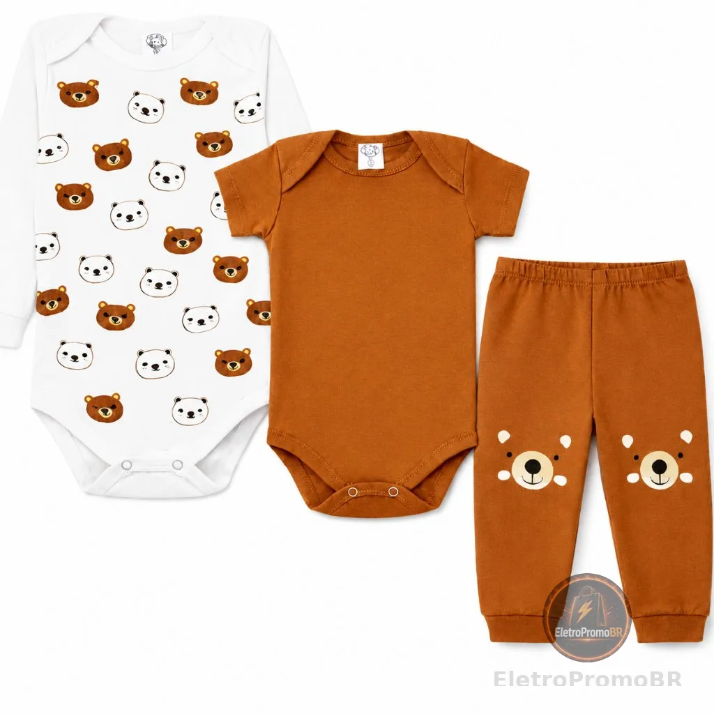 Kit body Bebê 3 peças, Manga Longa, Manga Curta E Calça Roupas de Bebê, Conjunto do Bebê